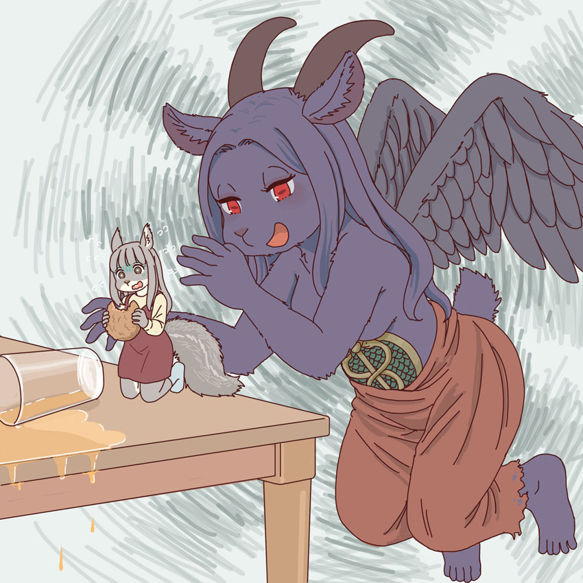 5_toes anthro barefoot clothed clothing cookie duo eating feet female floating food furniture glass holding_food holding_object horizontal_pupils horn humanoid_feet kemono kneeling looking_at_another plantigrade pupils simple_background spilled_drink table toes topless wings ekaki510 baphomet_(deity) bovid caprine caprine_demon deity demon goat_demon grey_squirrel mammal rodent sciurid tree_squirrel 1:1