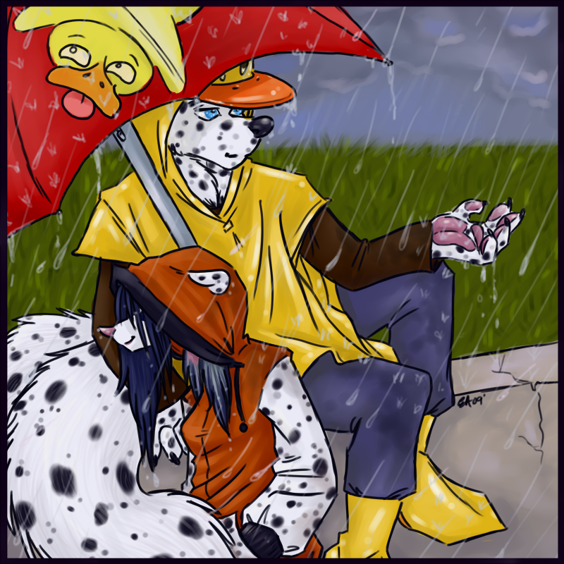 clothing dalmookie duo female holding_object holding_umbrella hoodie male outside poncho raining sitting spots tail topwear umbrella wet aerynoustinne noit rayndee anatid anseriform avian bird duck hybrid 1:1