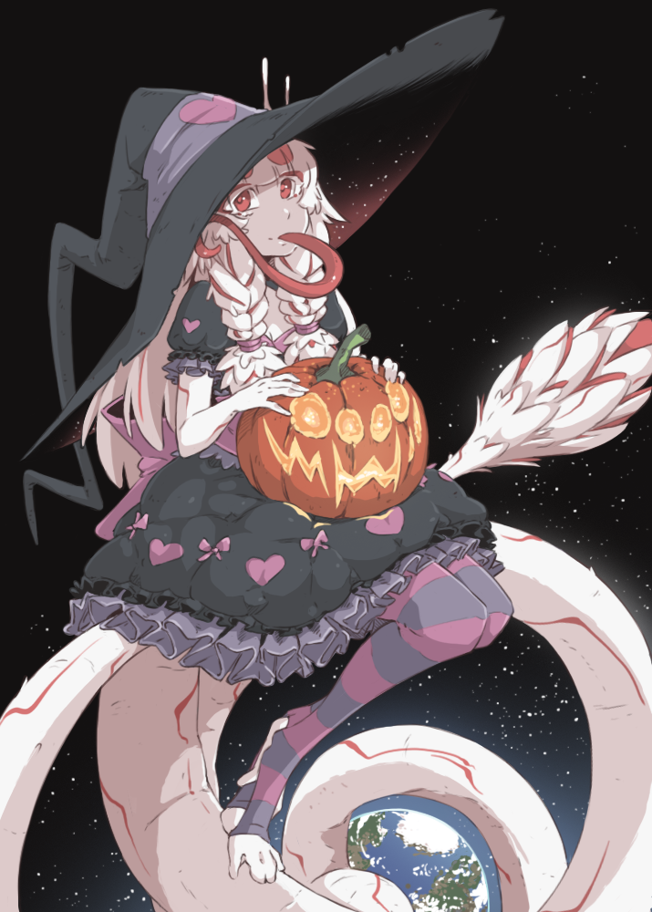 braided_hair clothing dress earth female food fruit hair hat headgear headwear holidays jack-o'-lantern legwear long_hair long_tail long_tongue markings multicolored_hair pigtails planet plant pumpkin red_eyes red_hair red_stripes smile solo space star stripes tail thick_tail thigh_highs tongue tongue_out white_hair witch_hat hushabyevalley halloween ad-6-0001a alien humanoid