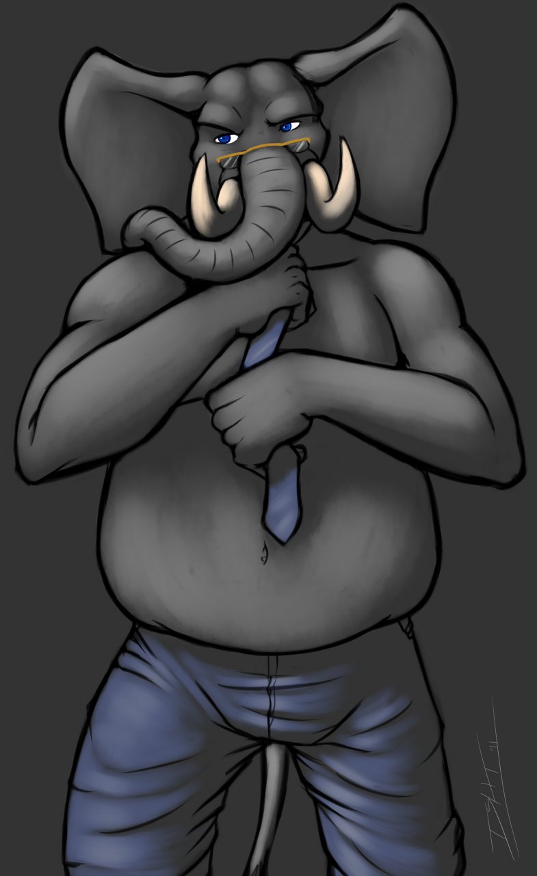 anthro blue_eyes bulge clothed clothing eyewear glasses male overweight overweight_anthro overweight_male slightly_chubby solo tail topless trunk tusks ishiga-san hysterium elephant elephantid mammal proboscidean hi_res