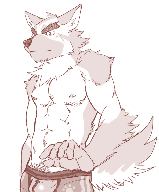 5_fingers abs anthro briefs bulge clothed clothing eyebrows fingers fur male simple_background skimpy solo tail topless underwear white_background ryuta-h canid canine canis domestic_dog mammal monochrome sketch