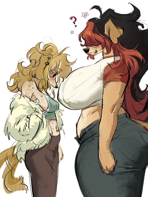 anthro belly big_breasts biped breast_size_difference breasts clothed clothing crop_top duo ear_piercing eyewear female flower hair huge_breasts larger_anthro larger_female long_hair looking_at_breasts multicolored_hair navel navel_piercing piercing plant question_mark shirt simple_background size_difference small_breasts sunglasses tongue tongue_out topwear white_background bypbap cheyenne_(bypbap) rowland_(bypbap) canid canine canis domestic_dog mammal gynomorph_(lore)