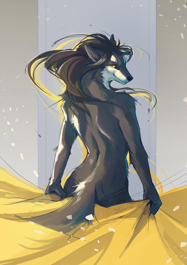 ambiguous_gender black_body black_fur black_nose brown_body brown_fur brown_hair butt fur hair long_hair looking_back nude rear_view simple_background smile solo white_body white_fur yellow_eyes zilven canid canine canis mammal wolf 2020 digital_media_(artwork)