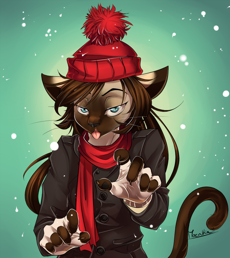 5_fingers anthro beanie black_nose blue_eyes brown_hair claws clothed clothing coat eyebrows fingers green_background hair hat headgear headwear scarf simple_background snow solo teal_eyes tongue tongue_out topwear whiskers moenkin domestic_cat felid feline felis mammal