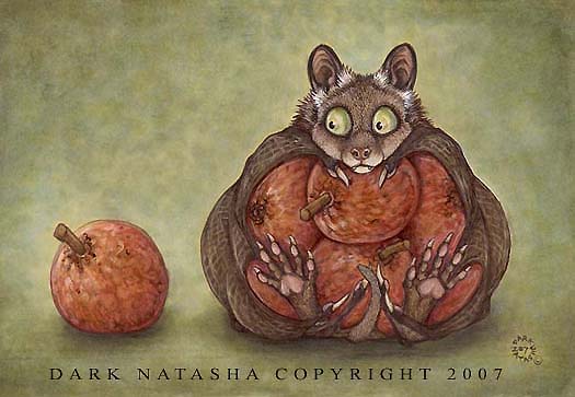 ambiguous_gender brown_body brown_fur claws feral fur membrane_(anatomy) membranous_wings pawpads solo white_body white_fur wings yellow_eyes dark_natasha seven_deadly_sins bat mammal megabat 2007 signature traditional_media_(artwork)