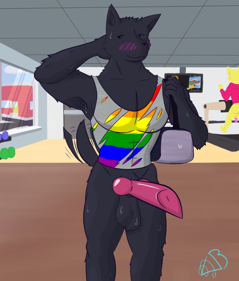 anthro bag blush bottomless clothed clothing erection lgbt_pride male multicolored_clothing multicolored_shirt multicolored_tank_top multicolored_topwear partially_clothed pride_color_clothing pride_color_shirt pride_color_tank_top pride_color_topwear pride_colors rainbow_pride_clothing rainbow_pride_colors rainbow_symbol shirt shy six-stripe_rainbow_pride_colors solo tank_top topwear treadmill weights vanillaberry bob_ross canid canine canis mammal wolf