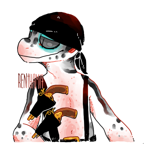 anthro black_kerchief black_markings clothed clothing front_view gun kerchief male markings mouth_closed narrowed_eyes pirate pupils ranged_weapon simple_background slit_pupils solo topless weapon white_background white_body 0ct0m0n0 eublepharid gecko leopard_gecko lizard reptile scalie 1:1 half-length_portrait portrait signature