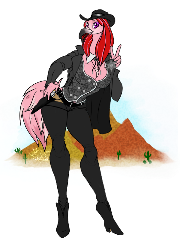 anthro beak biped bolo_tie boots bottomwear breasts cactus clothed clothed_anthro clothed_female clothing coat cowboy_boots cowboy_hat day desert detailed_background dipstick_beak feathered_tail feathers female female_anthro footwear gesture gun gun_belt hair hand_gesture hand_on_gun handgun hat headgear headwear holster long_hair looking_at_viewer mountain non-mammal_breasts outside pants plant purple_eyes ranged_weapon red_hair revolver sheriff_badge shirt_collar shoes simple_background solo standing tail three-quarter_view topwear vest weapon white_background wide_hips demfox19240 avian bird flamingo 3:4 digital_drawing_(artwork) digital_media_(artwork) flat_colors full-length_portrait portrait