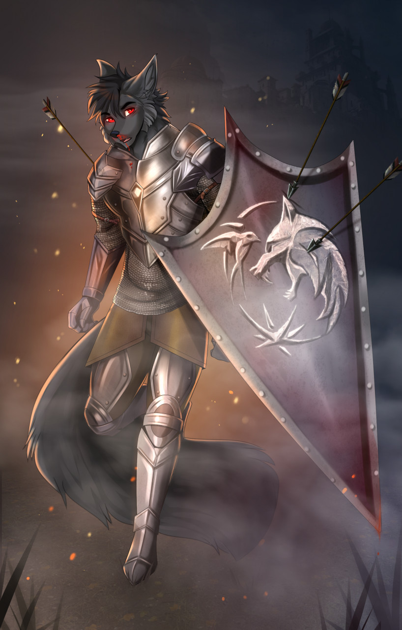 anthro armor arrow_(weapon) arrowed black_body black_fur black_hair black_nose blood bodily_fluids clothed clothing embers fur hair implied_fire male nosebleed open_mouth ranged_weapon red_eyes shield solo weapon aimi canid canine canis mammal wolf 2020 digital_media_(artwork) hi_res