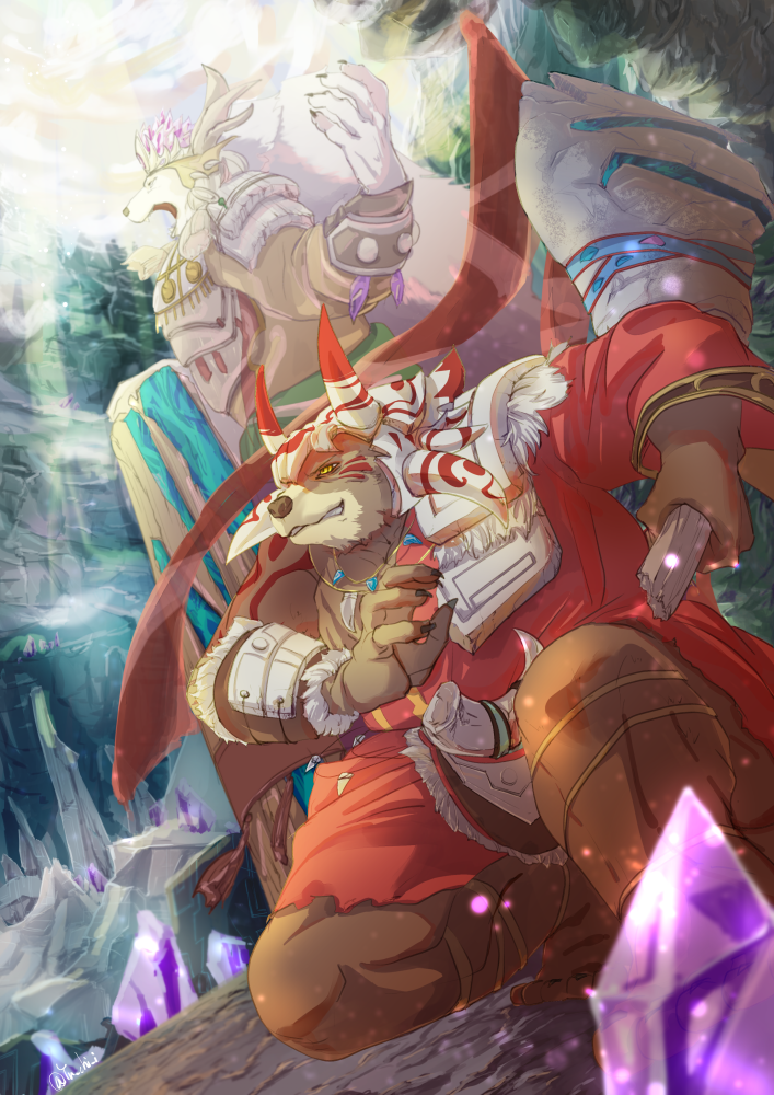 anthro biped brown_body brown_fur clothed clothing detailed_background duo facial_markings fur head_markings holding_object holding_weapon male markings overweight overweight_male weapon white_body white_fur cristal yu_chi_i sdorica crushfang_(sdorica_sunset) dagger_(sdorica_sunset) bear mammal polar_bear ursine 2018 signature