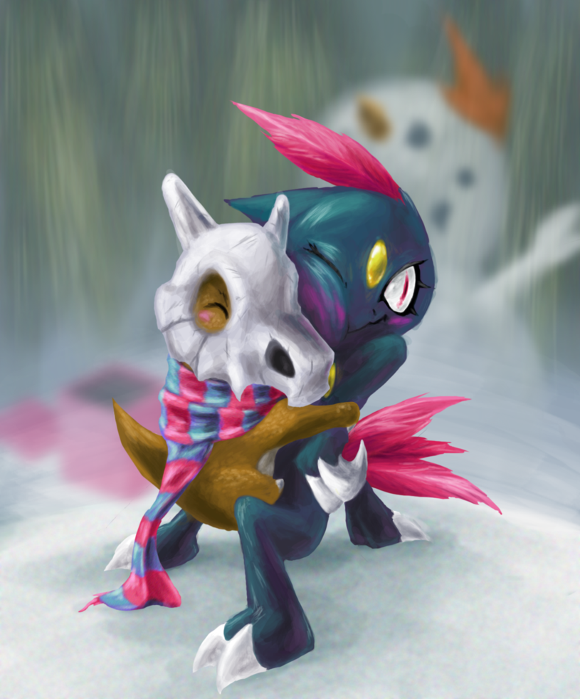 ambiguous_gender blush bone duo hug mask scarf semi-anthro skull_mask snow snowman axl nintendo pokemon cubone generation_1_pokemon generation_2_pokemon pokemon_(species) sneasel