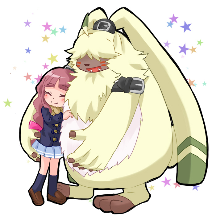 anthro belt blush duo female fluffy fluffy_chest hair hair_over_eyes hug long_hair male smile hamu_ym bandai_namco digimon digimon_ghost_game angoramon_(ghost_game) ruri_tsukiyono angoramon digimon_(species) human mammal 1:1