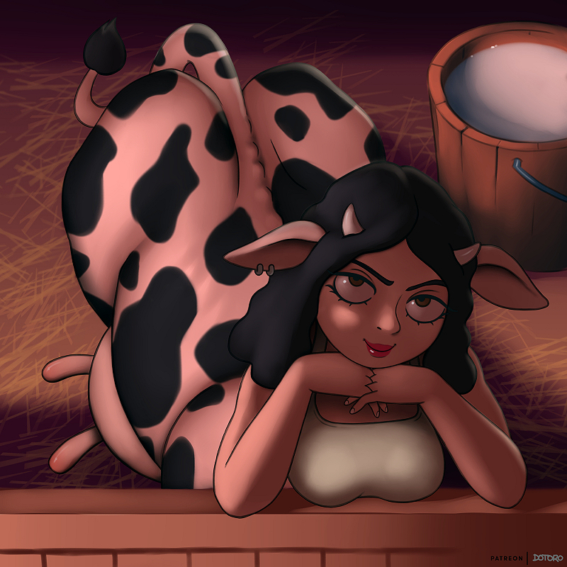 black_hair breasts breasts_and_teats bucket clothed clothing container female hair hooves horn looking_up milk milk_bucket milk_container solo teats udders dotoro_(artist) bovid bovid_taur bovine bovine_taur cattle cattle_taur humanoid mammal mammal_taur taur 1:1