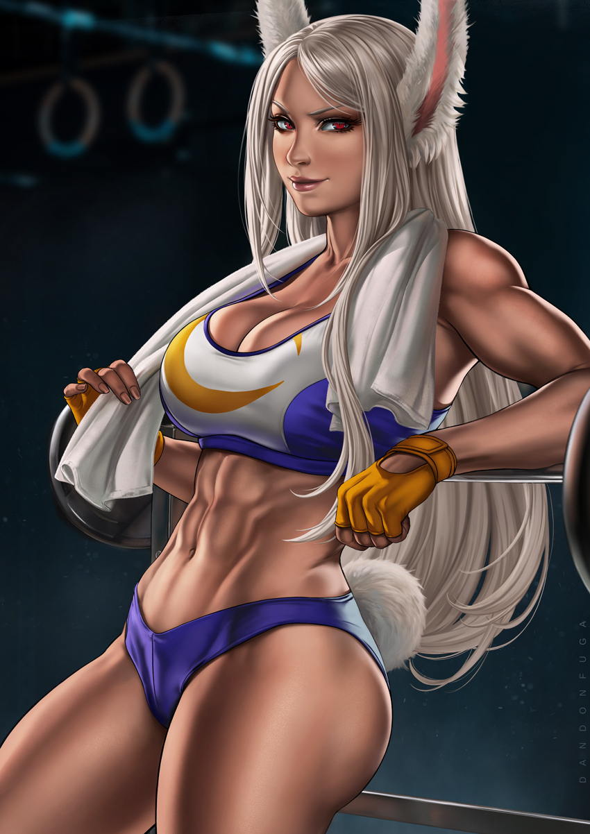 abs athletic big_breasts bra breasts clothing female fingerless_gloves gloves hair handwear leaning leaning_backward long_hair looking_at_viewer muscular muscular_female red_eyes solo sports_bra sportswear underwear white_hair dandon_fuga my_hero_academia rumi_usagiyama animal_humanoid humanoid lagomorph lagomorph_humanoid leporid_humanoid mammal mammal_humanoid rabbit_humanoid hi_res