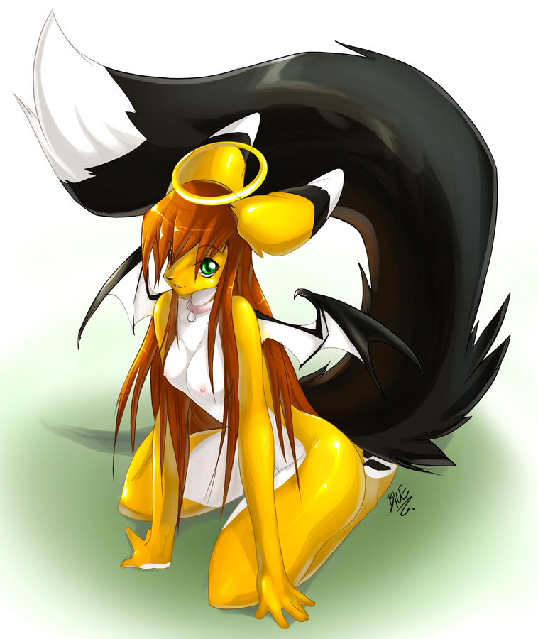 anthro biped breasts brown_hair female green_eyes hair halo kneeling long_tail membrane_(anatomy) membranous_wings nude pose solo tail wings peritian avelynne canid canine fennec_fox fox mammal true_fox