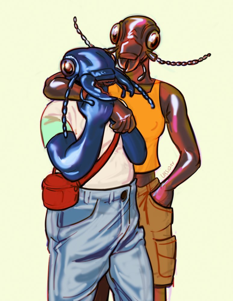 antennae_(anatomy) anthro arm_around_neck blue_body blue_bottomwear blue_clothing blue_skin bottomwear brown_body brown_bottomwear brown_clothing brown_skin clothed clothing denim denim_bottomwear denim_clothing denim_shorts duo female glistening glistening_body hand_in_pocket jeans orange_clothing orange_topwear pants pockets satchel shirt shorts simple_background t-shirt topwear white_clothing white_topwear ursiday arthropod beetle insect