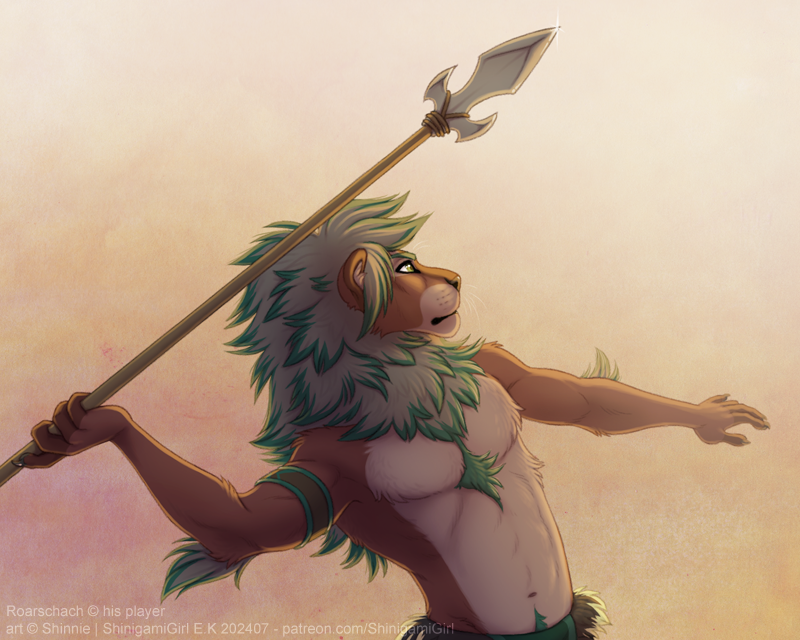 action_pose anthro brown_body brown_fur clothed clothing fur green_eyes green_hair hair male melee_weapon navel polearm pose solo spear topless weapon whiskers shinigamigirl roarschach51 felid lion mammal pantherine 2024 5:4