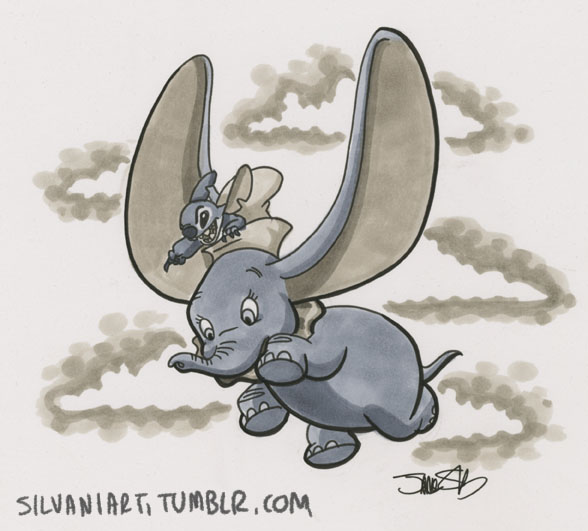 big_ears black_eyes claws clothing duo ear_flight eyelashes feral flying gesture hand_gesture hat headgear headwear looking_down mostly_nude narrowed_eyes notched_ear pointing size_difference sky squint text trunk james_silvani disney dumbo_(movie) lilo_and_stitch dumbo stitch_(lilo_and_stitch) alien elephant elephantid experiment_(lilo_and_stitch) mammal proboscidean 2013 crossover marker_(artwork) signature traditional_media_(artwork) url