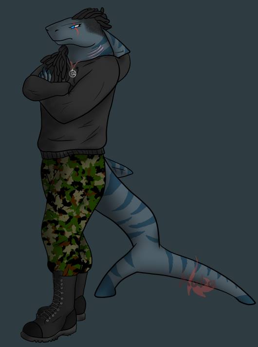 anthro blue_eyes boots camo clothing crossed_arms dreadlocks footwear gills jewelry laced_boots male necklace occult_symbol pentacle pentacle_necklace pentagram scar shoes solo stripes symbol unknown_artist fish marine shark digital_media_(artwork) full-length_portrait portrait