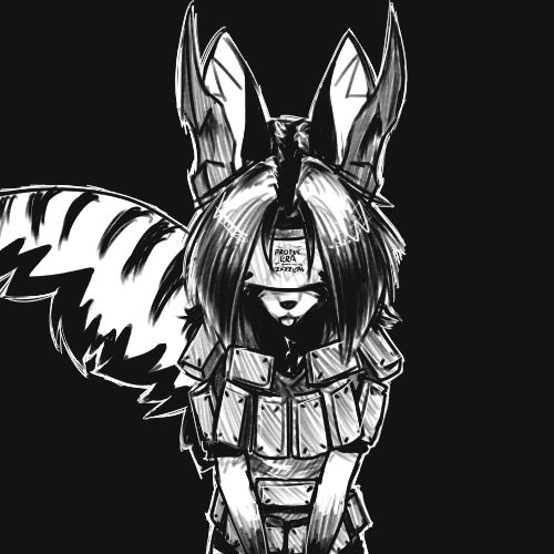 anthro explosive-reactive_armor female hair horn solo yttrium_(artist) vision_haze era haze_(vision_haze) biyokant canid canine hybrid mammal 1:1 low_res monochrome