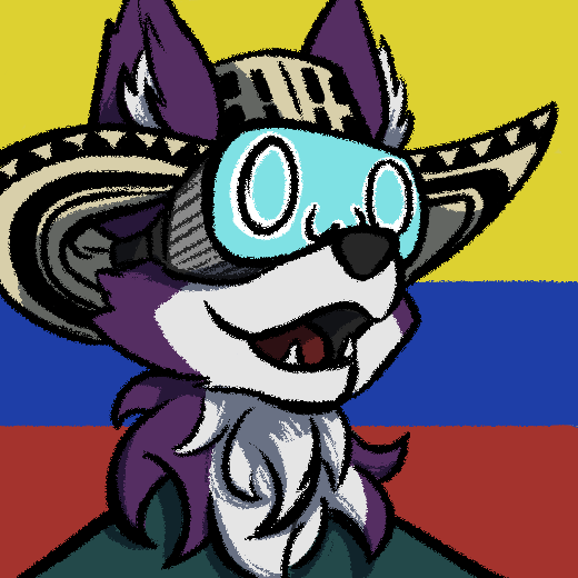 ambiguous_gender anthro clothing colombia colombian_flag flag flag_background happy hat headgear headwear logo open_mouth owo solo sombrero vr_headset critters_collective sydney_onmars canid canine canis mammal wolf 1:1