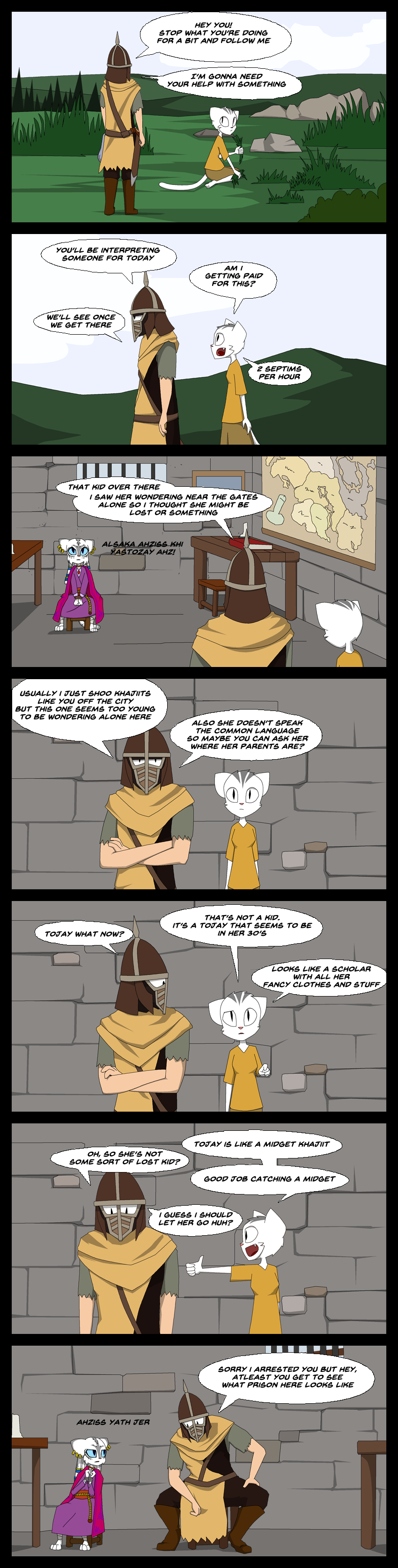 bound detailed_background dialogue humor penis_drawing prison text vikozlav bethesda_game_studios microsoft skyrim the_elder_scrolls kishna felid human khajiit mammal tojay absurd_res comic english_text hi_res