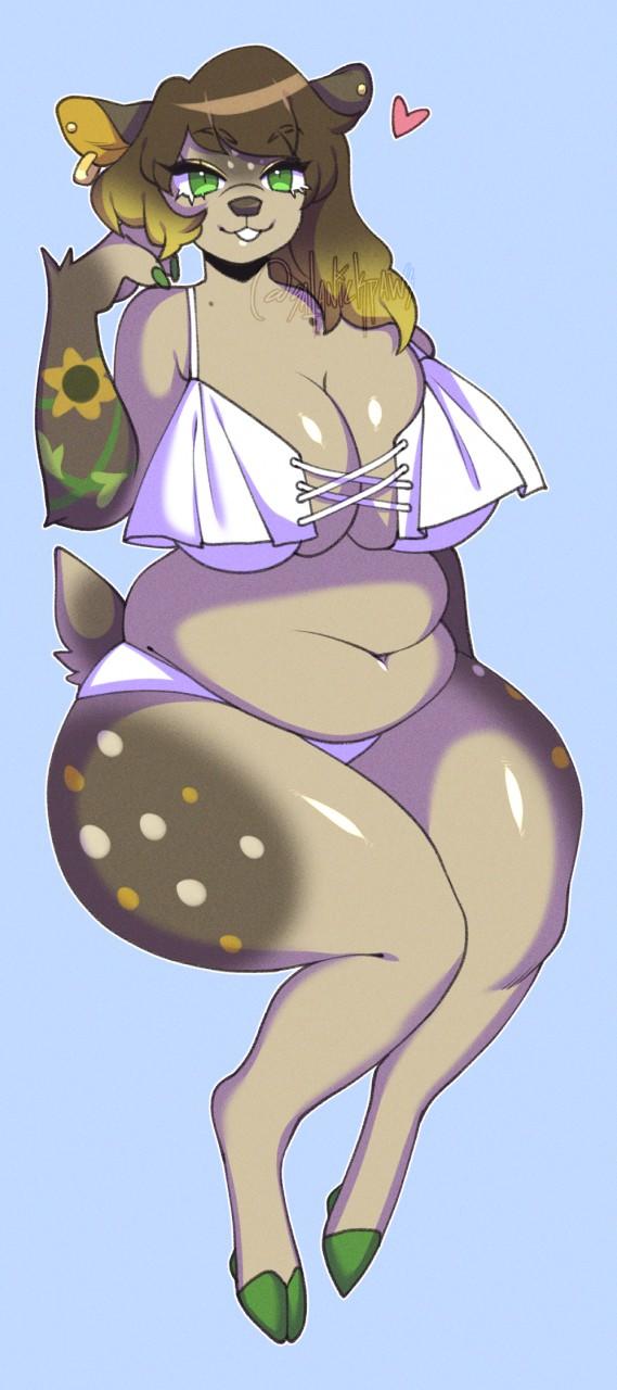 anthro belly belly_rolls big_breasts bikini breasts clothing female potbelly slightly_chubby solo swimwear thick_thighs two-piece_swimsuit satanickpaws deer mammal hi_res