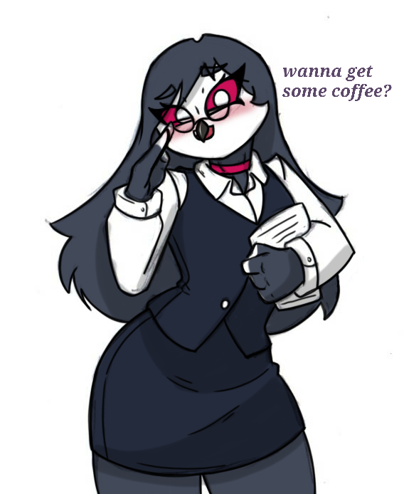 anthro blush eyewear female glasses office_lady small_waist solo text thick_thighs wide_hips pace-maker helluva_boss octavia_(helluva_boss) avian bird demon owl english_text