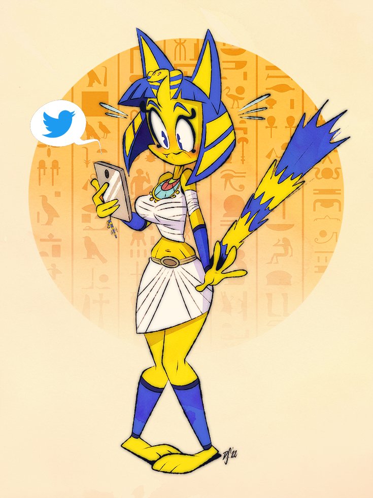 4_fingers anthro armor blue_eyes blue_hair blush bottomwear breasts cellphone clothed clothing egyptian egyptian_clothing electronics eyebrows eyelashes female fingers fur furgonomics hair hieroglyphics markings medium_breasts midriff navel phone raised_eyebrows shocked skirt smartphone solo striped_markings striped_tail stripes tail tail_markings tail_through_skirt toony twitter_logo uraeus usekh vambrace wrappings yellow_body yellow_fur themrock animal_crossing nintendo twitter ankha_(animal_crossing) domestic_cat felid feline felis mammal