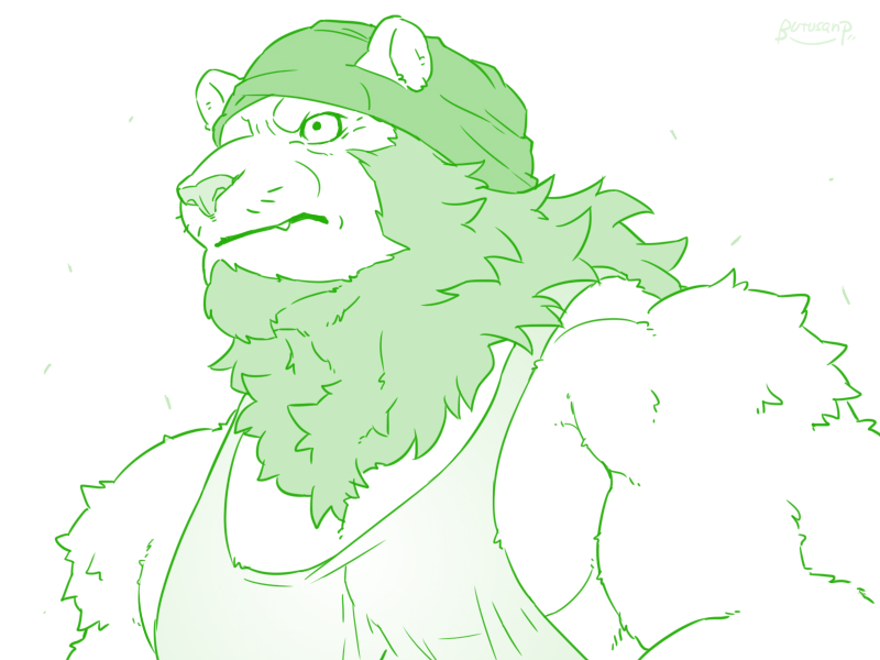 anthro biceps clothing facial_hair furgonomics headgear headkerchief headwear intense_stare kerchief looking_away male mane muscular muscular_male neck_tuft shirt snaggle_tooth solo tank_top topwear tuft butusan_p felid lion mammal pantherine 4:3 green_and_white monochrome