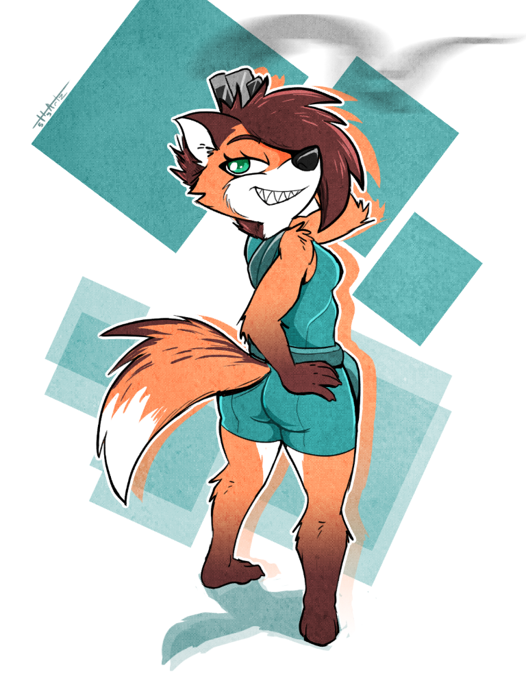 anthro bottomwear brown_body brown_fur brown_hair butt clothing female fluffy fluffy_tail fur hair hand_on_butt looking_at_viewer looking_back looking_back_at_viewer orange_body orange_fur rear_view shirt shorts smile solo tail teeth topwear white_body white_fur scottyartz macy canid canine fox mammal