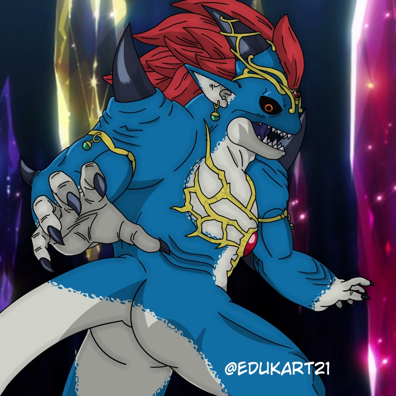 5_fingers anthro black_sclera blue_body butt claws crown crystal ear_piercing ear_ring fangs finger_claws fingers gem hair headgear horn male muscular open_mouth orange_eyes piercing red_hair ring_piercing solo teeth edukart21 dragon_ball dragon_ball_xenoverse demigra humanoid monster monstrous_humanoid 1:1