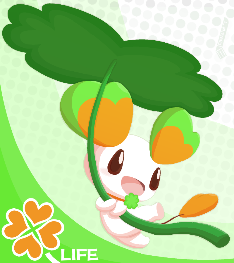 ambiguous_gender anthro brown_eyes chibi clover_(plant) clover_leaf collar four_leaf_clover fur happy leaf logo open_mouth plant semi-anthro smile solo white_body white_fur l_pizao life_corp lalapi mammal mouse murid murine rodent watermark