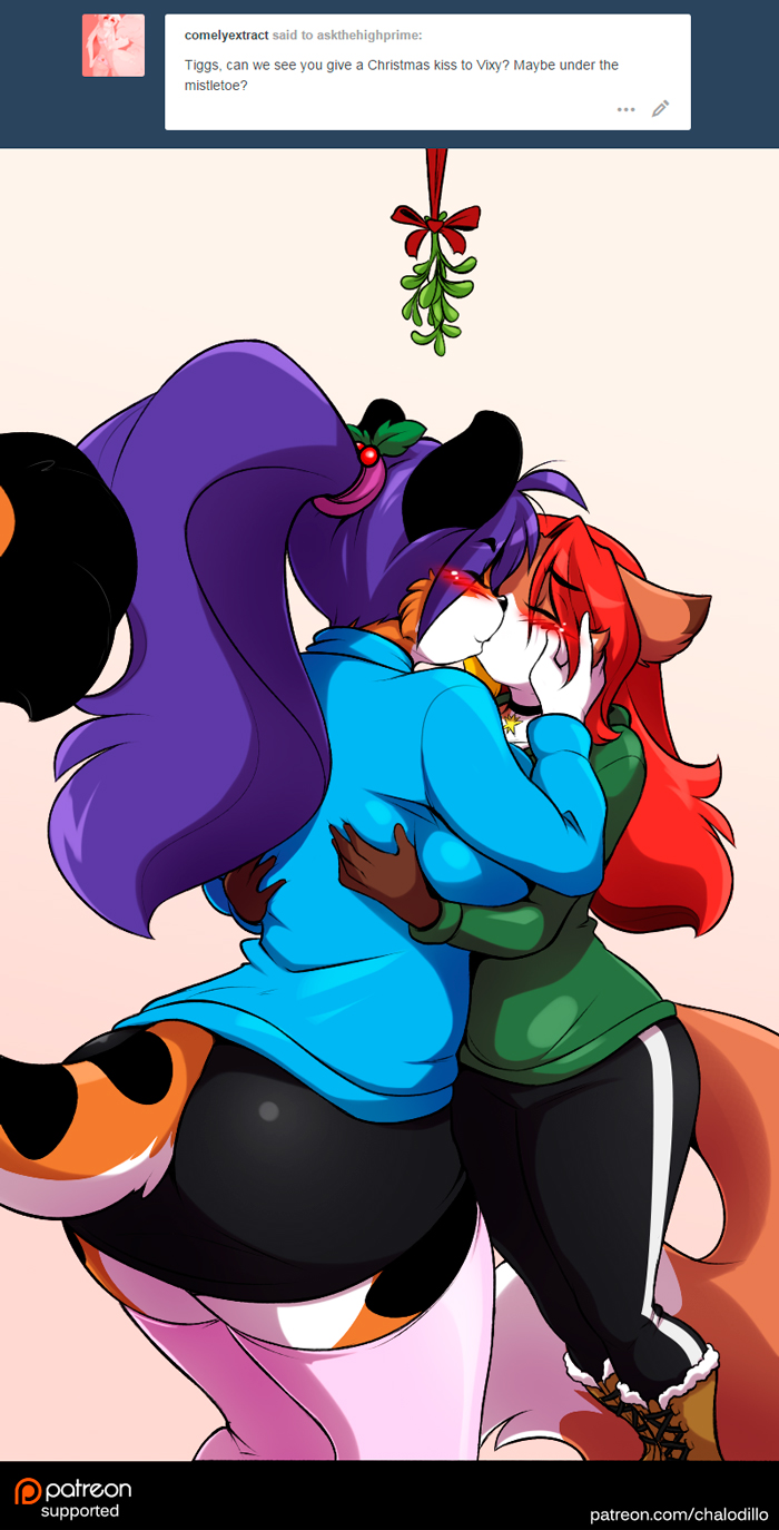 anthro big_breasts black_stripes blonde_hair blush bottomwear breasts brown_body brown_fur clothed clothing duo eyes_closed female female/female fur hair huge_breasts kiss_on_lips kissing kissing_bough long_hair markings mistletoe multicolored_body multicolored_fur multicolored_hair orange_body orange_fur pants plant purple_hair red_hair shorts skirt smile stripes sweater thick_thighs topwear two_tone_body two_tone_fur two_tone_hair white_body white_fur wide_hips chalo las_lindas tiggs vixy canid canine felid fox mammal pantherine tiger 2015 digital_media_(artwork) hi_res