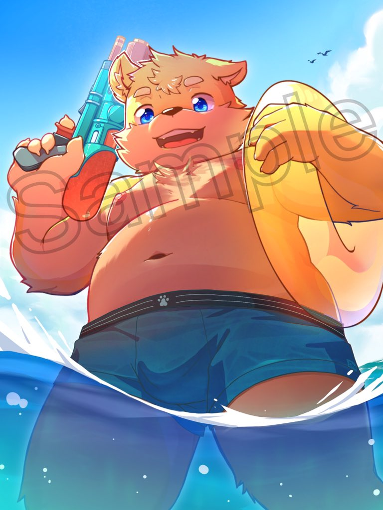 anthro blue_eyes bottomwear clothing cloud male navel open_mouth shorts sky slightly_chubby solo toy toy_gun water water_gun darkmagic canid canine canis domestic_dog mammal 2019 3:4 distracting_watermark watermark