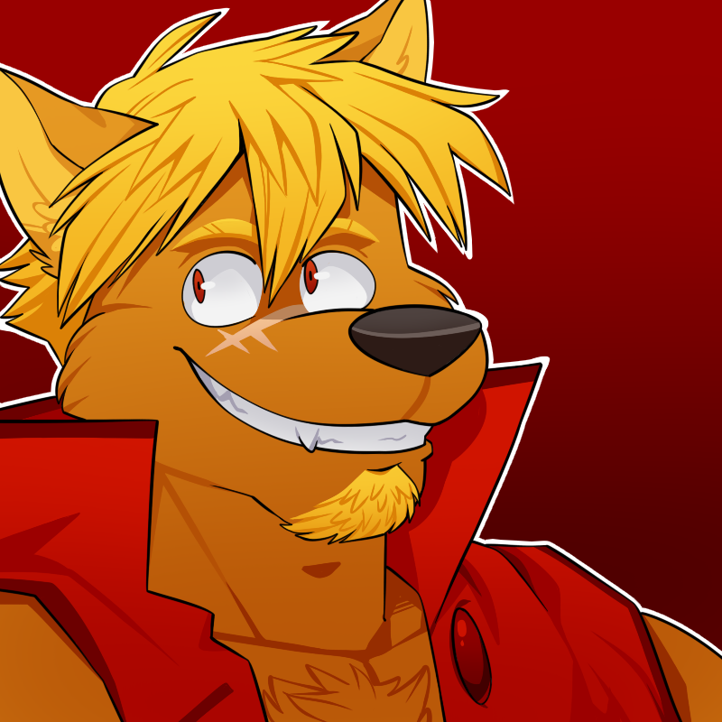 anthro beard black_nose blonde_hair brown_body brown_fur chest_tuft clothing collarbone facial_hair fur gradient_background hair looking_aside male outline red_background red_eyes short_hair simple_background smile solo teeth topwear tuft vest vasuki jaryl_(character) canid canine canis mammal wolf 1:1