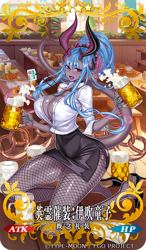 beer_mug big_breasts black_bottomwear black_clothing black_horn black_skirt blue_hair bottomwear breasts business_suit businesswear cleavage clothed clothing female fishnet_clothing fishnet_legwear hair horn huge_breasts humanoid_pointy_ears legwear monster_girl_(genre) multicolored_hair not_furry pink_eyes pink_hair pointy_ears purple_body purple_skin skirt solo suit honjou_raita asian_mythology east_asian_mythology fate_(series) japanese_mythology mythology type-moon saber_ibuki-douji demon horned_humanoid humanoid mammal oni yokai digital_media_(artwork) official_art