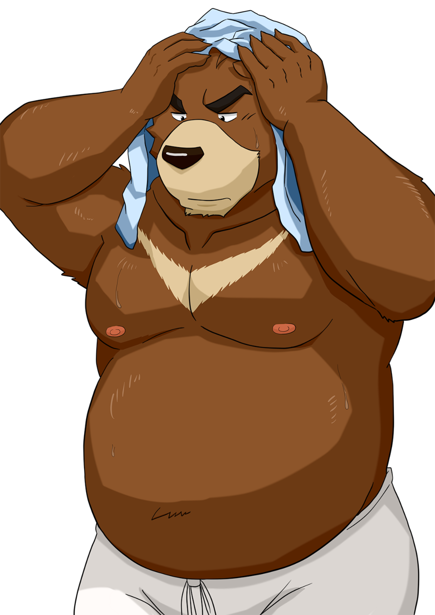 biceps black_eyes brown_body brown_fur clothed clothing fur kemono male moobs muscular muscular_male overweight overweight_male solo topless kuma_(pixiv_881259) kumadasi morenatsu juuichi_mikazuki bear black_bear mammal moon_bear ursine 2012 hi_res