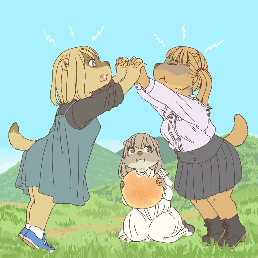 angry anthro biscuit_(food) bottomwear bread clothing dress eating female fight fighting_over_food food grass group kemono plant pleated_skirt skirt trio ekaki510 ground_squirrel mammal marmot rodent sciurid 1:1