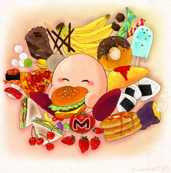 banana blush cake candy chocolate dango_(food) dessert doughnut eating eyes_closed food fruit ice_cream makizushi male mochi_(food) nigirizushi not_furry onigiri pancake pastry pizza plant rice sandwich_(food) solo strawberry sushi 仁麻乃 kirby_(series) nintendo pocky kirby alien waddling_head