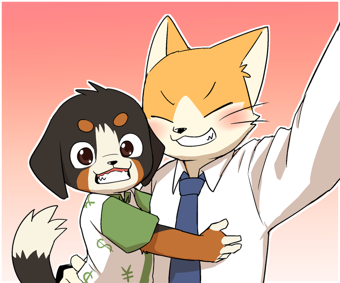 age_difference anthro blush clothed clothing currency_symbol dollar_sign duo eye_contact eyes_closed fully_clothed gradient_background hand_on_back happy head_tuft hug kemono looking_at_another looking_at_viewer male older_male simple_background smile symbol tuft yen_sign young young_anthro younger_male manmosu_marimo manizu salary_cat_(marimo) bernese_mountain_dog canid canine canis domestic_cat domestic_dog felid feline felis mammal molosser mountain_dog swiss_mountain_dog 2017 digital_media_(artwork)