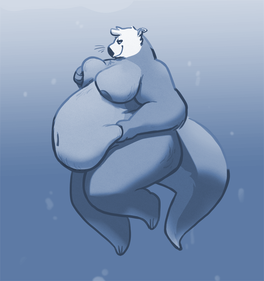 anthro areola belly belly_grab belly_squeeze big_belly big_breasts big_butt breast_squeeze breasts butt cellulite ear_piercing female fully_submerged fur hand_on_breast navel nipples nude obese obese_anthro obese_female overweight overweight_anthro overweight_female piercing smile solo squeezing tail thick_tail thick_thighs underwater water animal_math mammal mustelid otter sea_otter blue_and_white monochrome