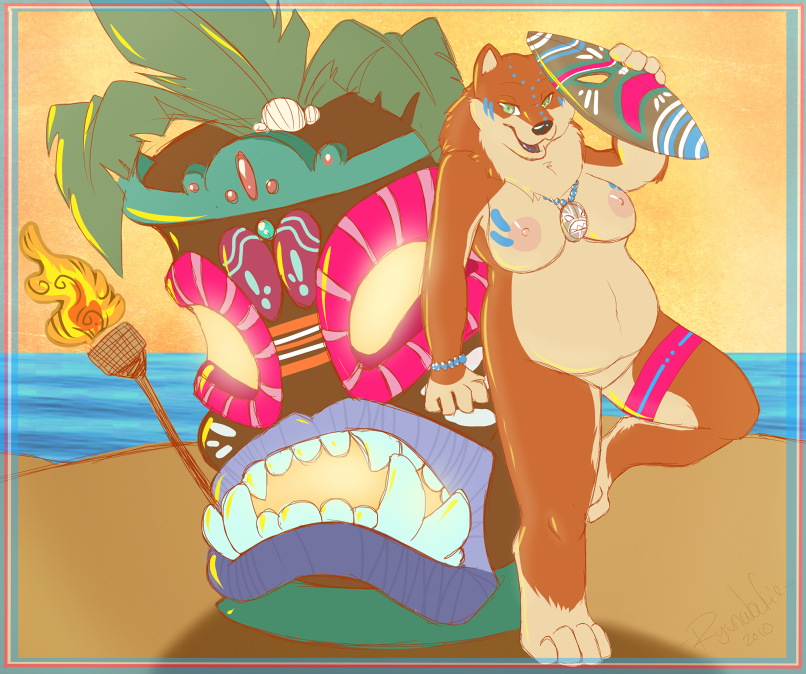 anthro beach breasts detailed_background female fire fur jewelry necklace nipples nude outside overweight overweight_anthro overweight_female sand seaside sky solo summer tiki torch water ryunwoofie canid canine canis domestic_dog mammal 2010