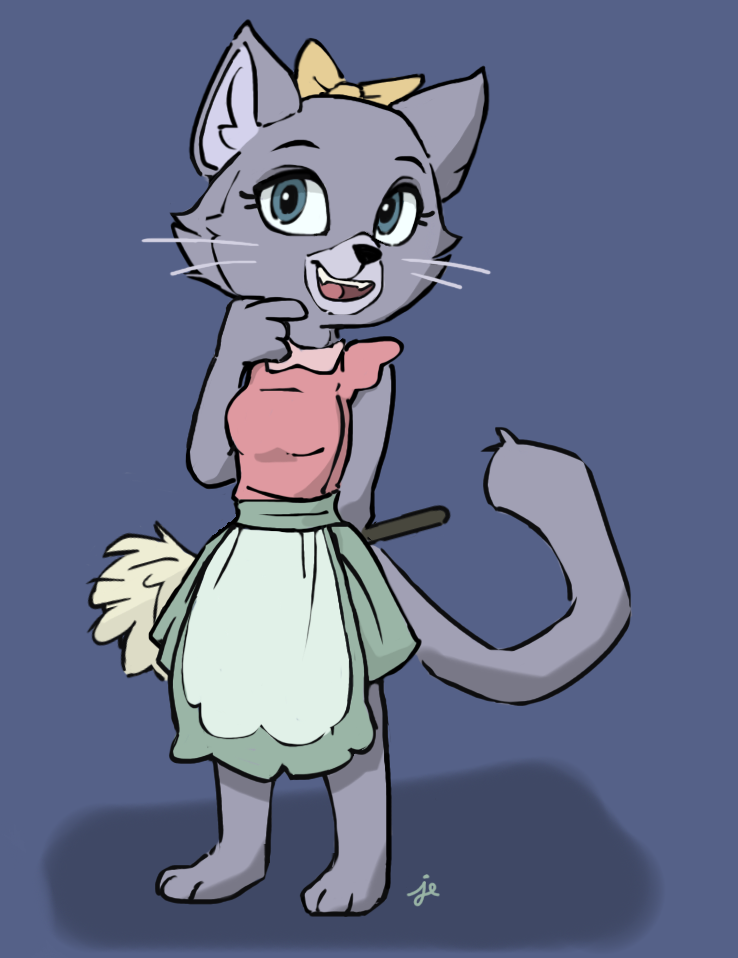 anthro blue_eyes bow_on_head cleaning_tool feather_duster female fur grey_body grey_fur maid_apron paws simple_background solo swiftcutter grimm's_fairy_tale_classics lily_(gftc) felid feline grimm mammal digital_media_(artwork)