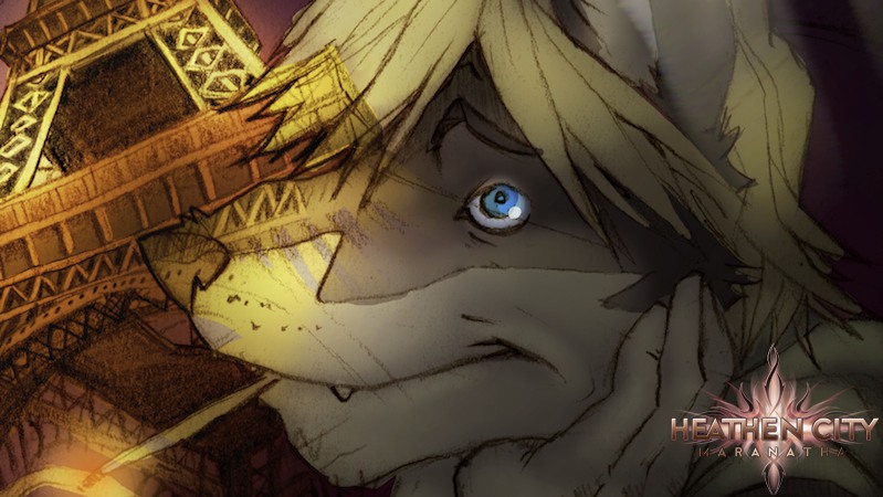 anthro blonde_hair blue_eyes brown_body brown_fur drugs eiffel_tower fur glistening glistening_eyes hair hand_on_cheek male marijuana open_mouth paris smile solo tan_body tan_fur teeth_showing ayato heathen_city owen_zelazny canid canine canis mammal wolf