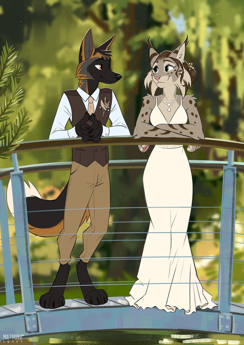 anthro barefoot bride bridge clothing dress duo feet female groom husband_and_wife male male/female married_couple standing wedding wedding_dress multyashka-sweet dashwood_fox nicole_(nicnak044) canid canine cross_fox felid feline fox lynx mammal red_fox true_fox hi_res