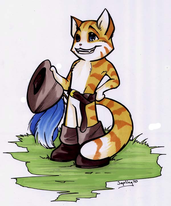 anthro belt biped blue_eyes boots clothing featureless_crotch footwear fur gloves_(marking) grass hand_on_hip hat headgear headwear holding_clothing holding_hat holding_headgear holding_headwear holding_object leather male markings mostly_nude orange_body orange_fur pink_nose plant shoes simple_background smile solo standing stripes tail toony white_background white_body white_fur temperance european_mythology fairy_tales mythology the_master_cat puss_in_boots_(folklore) domestic_cat felid feline felis mammal