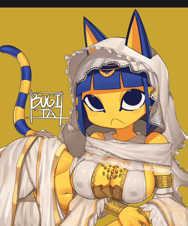 :< anthro armlet arms_crossed_under_breasts armwear big_breasts big_eyes blue_hair breasts bridal_gauntlets circlet cleavage clothed clothing cosplay elbow_gloves female frown fur gloves hair handwear hood jewelry lace looking_at_viewer lying markings navel necklace nipple_outline on_side short_hair simple_background solo striped_markings striped_tail stripes tail tail_markings thigh_gap wide_hips yellow_background yellow_body yellow_fur bugita animal_crossing dark_souls fromsoftware nintendo ankha_(animal_crossing) gwynevere domestic_cat felid feline felis mammal 2022 digital_media_(artwork)