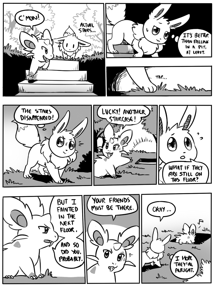 9_panel_comic ambiguous_gender black_nose black_text bodily_fluids branch claws dialogue duo ellipsis exclamation_point eyebrows feral fluffy fluffy_tail fur gesture grass hand_gesture horn inner_monologue looking_at_another neck_tuft open_mouth open_smile paws plant pointing pupils quadruped question_mark smile speech_bubble stairs standing sweat sweatdrop tail talking_to_another teeth text thinking tree tuft flavia-elric nintendo pokemon pokemon_mystery_dungeon spike_chunsoft lux_(yapc) rayne_(yapc) eevee generation_1_pokemon nidoran nidoran♀ pokemon_(species) 2019 3:4 comic digital_media_(artwork) english_text greyscale monochrome