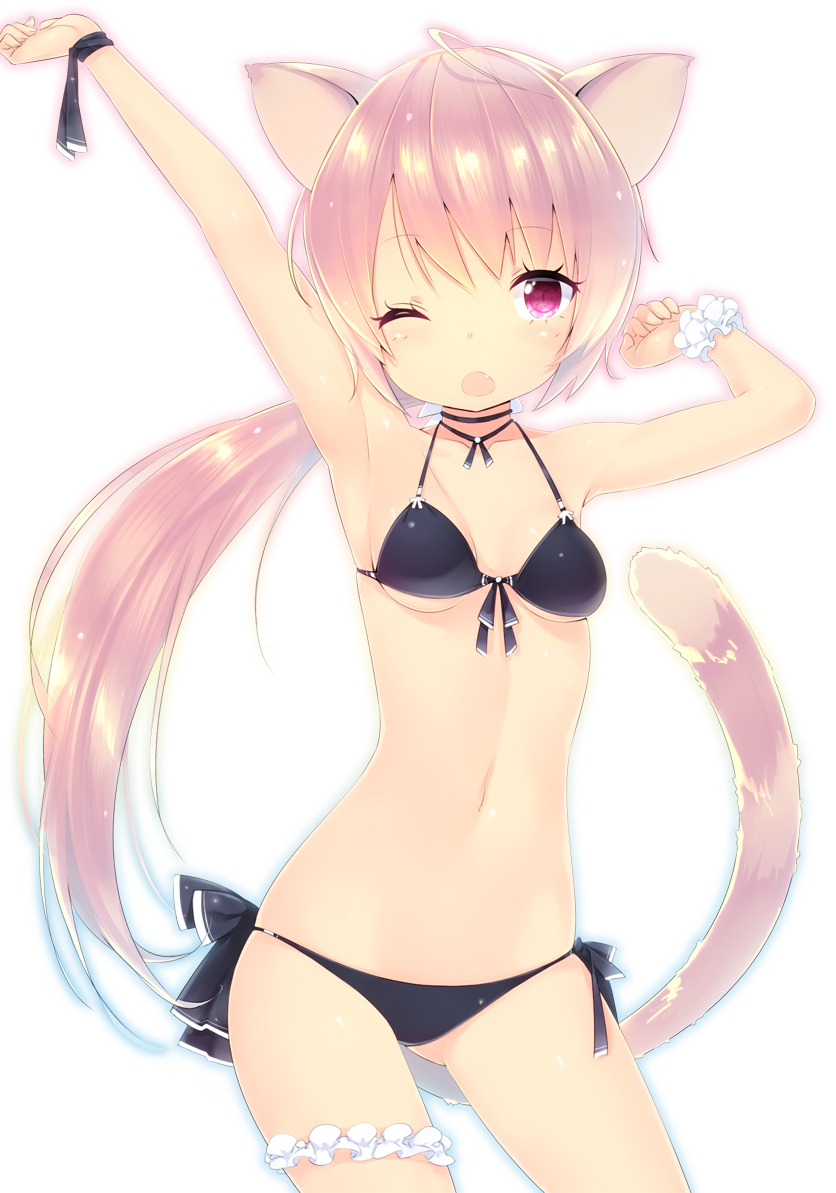 accessory adolescent ahoge bare_shoulders bikini blush breasts cat_tail clothing fangs female front-tie_bikini front-tie_clothing front-tie_swimwear front-tie_top garter hair long_hair looking_at_viewer navel one_eye_closed open_mouth pink_eyes pink_hair ponytail raised_arm side-tie_bikini side-tie_clothing side-tie_swimwear simple_background solo string_bikini swimwear teeth two-piece_swimsuit white_background young zizi_(zz22) animal_humanoid cat_humanoid domestic_cat felid felid_humanoid feline feline_humanoid felis humanoid mammal mammal_humanoid digital_media_(artwork) shaded